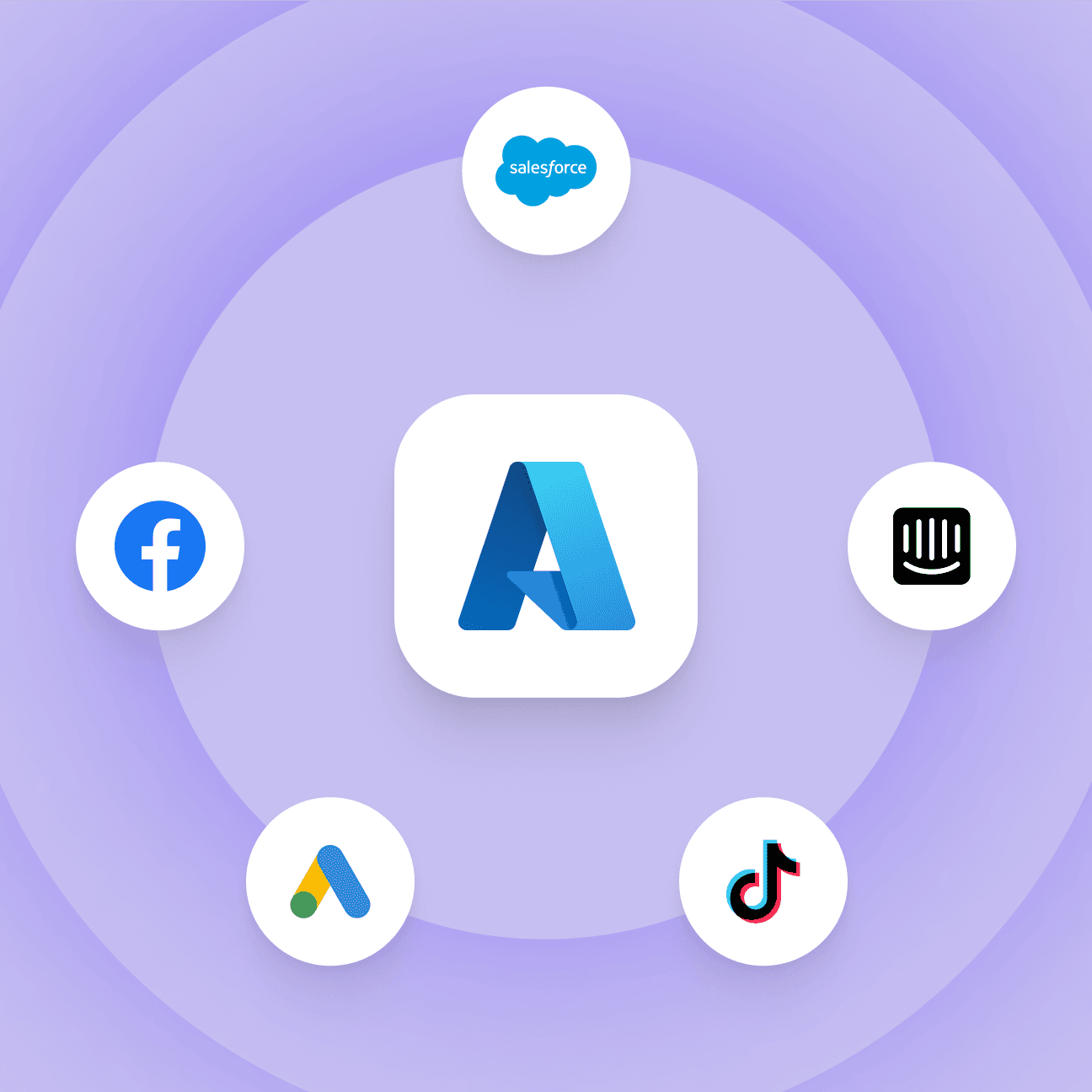 Abstract illustration of Azure Synapse's logo surrounded by tooling logos like Salesforce, Intercom, TikTok, Google Ads, and Meta.
