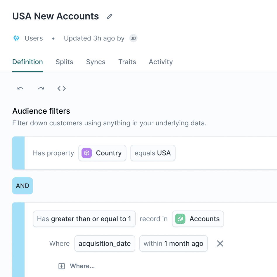 An example of the Hightouch Audiences user interface. There is an audience filter named "USA New Accounts" defined, with the match criteria that the customer "Country" equals "USA".