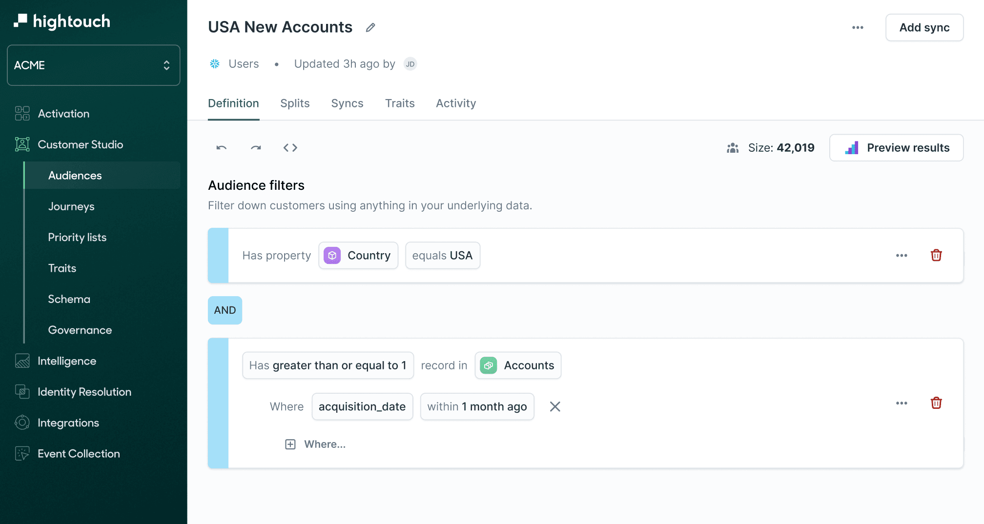 An example of the Hightouch Audiences user interface. There is an audience filter named "USA New Accounts" defined, with two criteria defined: that the customer "Country" equals "USA", and that the customer has "greater than or equal to 1" record in "Accounts", where the "acquisition_date" is within "1 month ago".