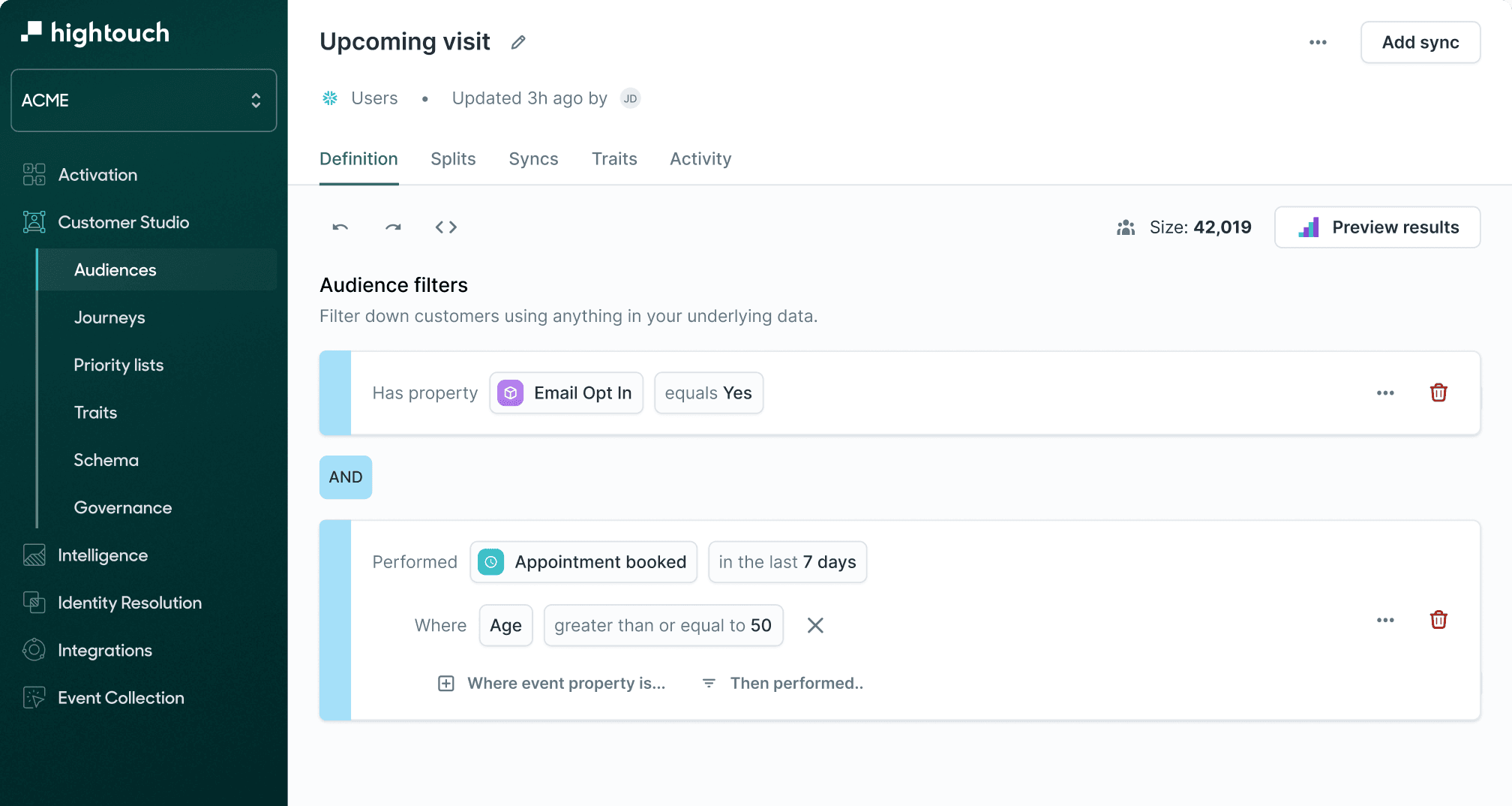Hightouch Audiences product UI.
