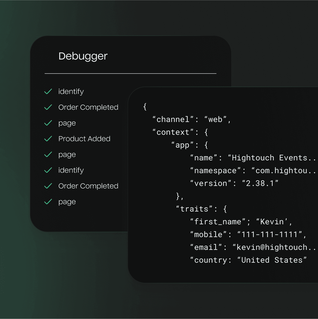 An illustration showing an abstract example of events in a debugger log, such as "identify", "Order Completed", and "page". To the side, there is an example of JSON data for the debug event, including "channel" and "context" fields.