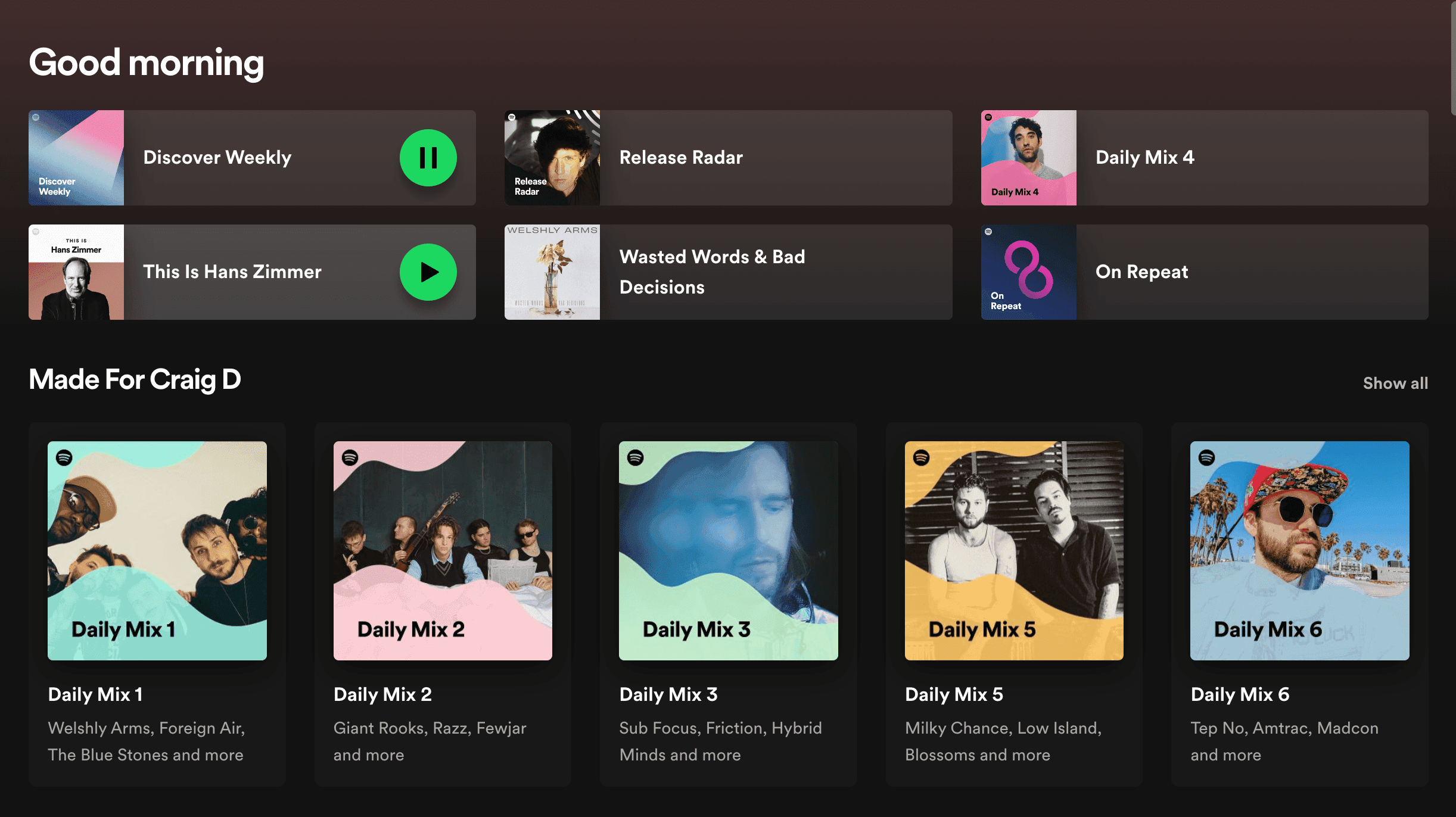 A screenshot of Spotify personlised dashboard