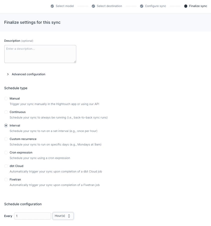Setting the schedule of your sync in Hightouch