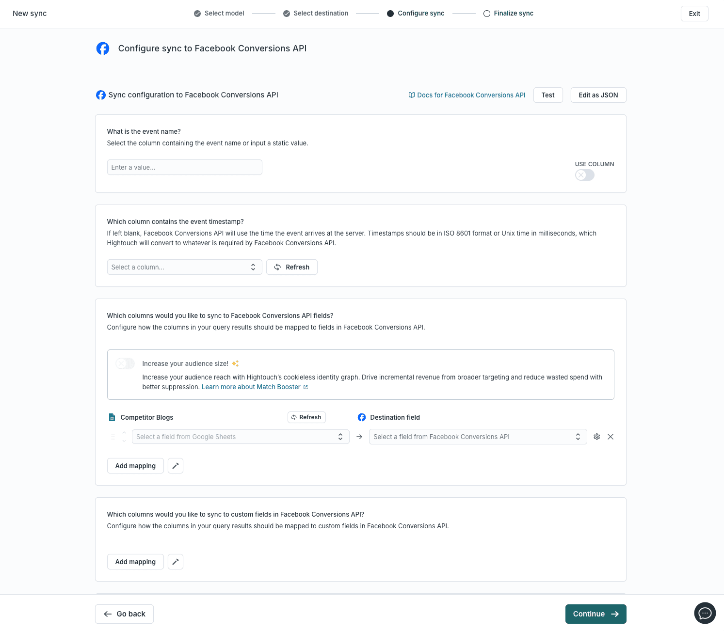 The conversion setting for Facebook conversion API in Hightouch