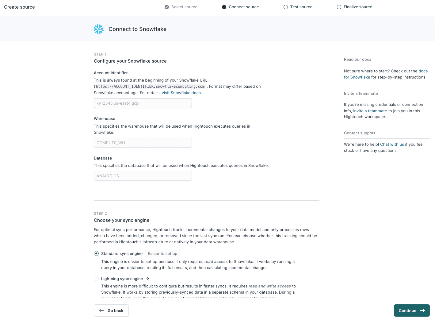 The configuration page of your data source in Hightouch