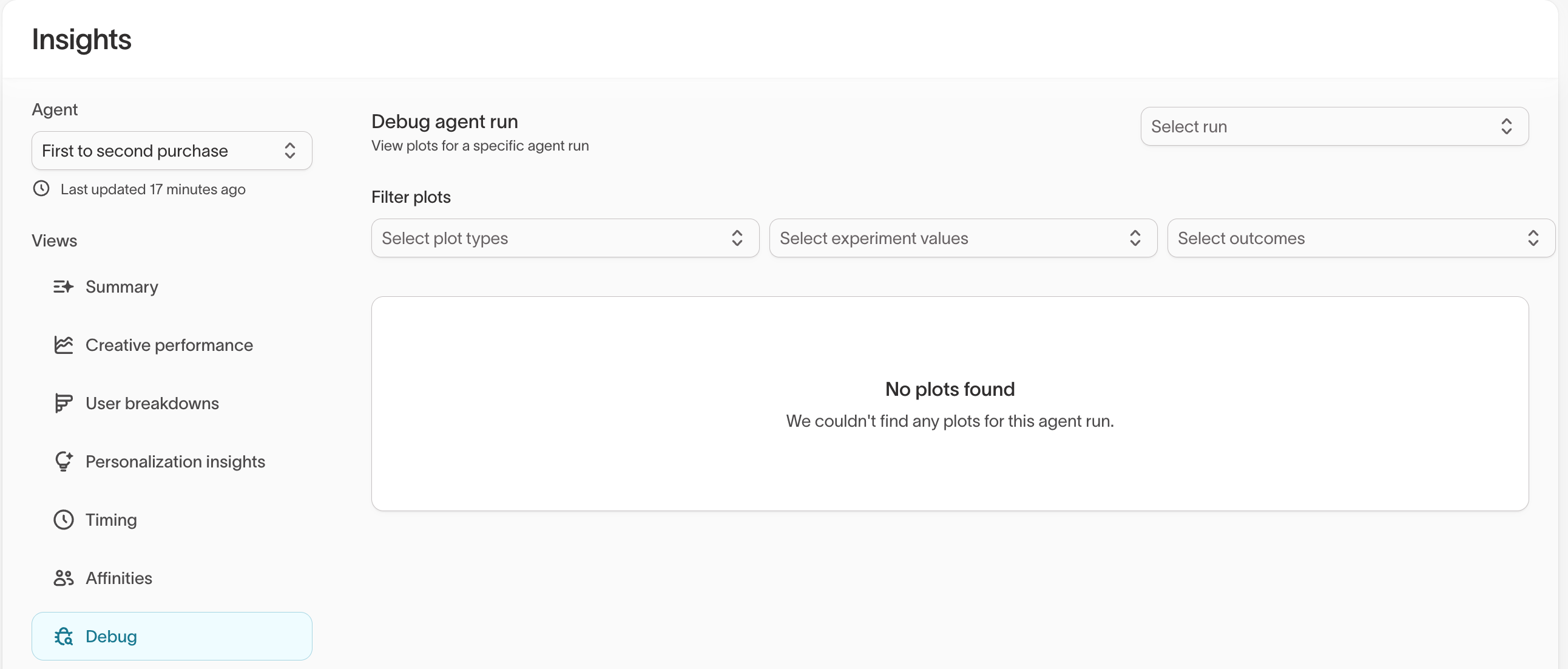 Debug tab showing agent run selector and empty plots