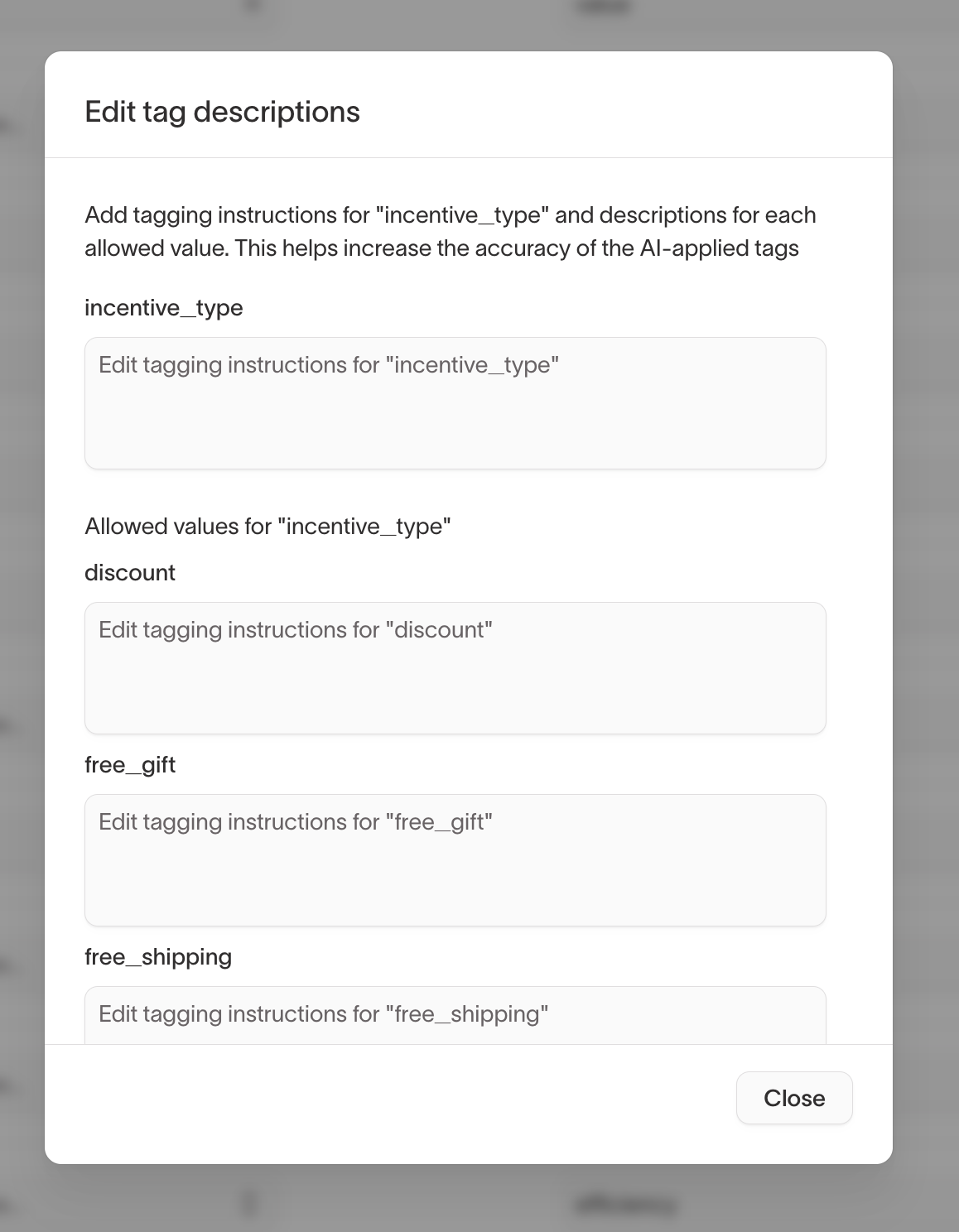 Tag description modal