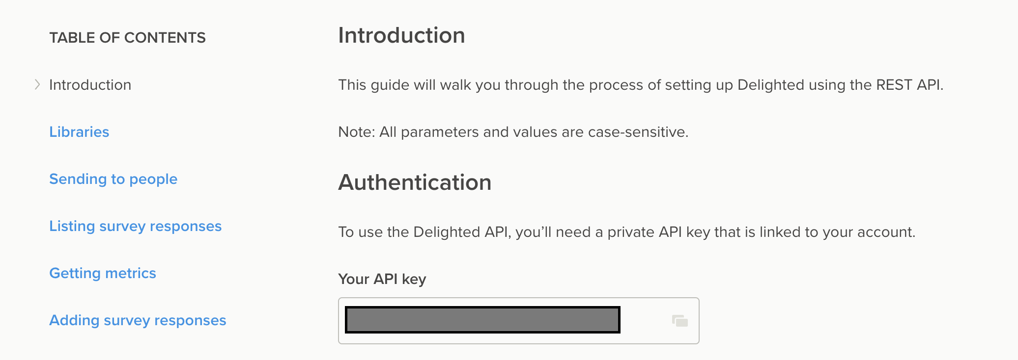 The API key on the Delighted dashboard