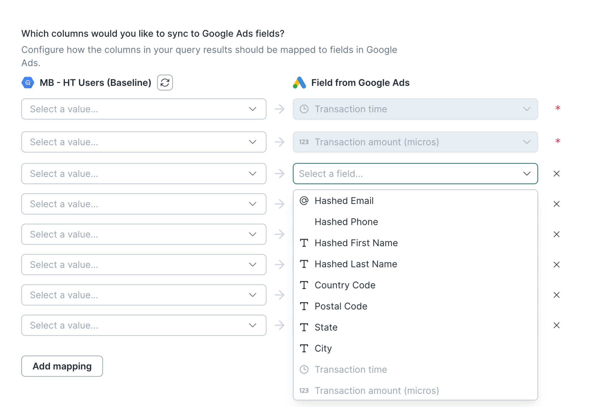 Offline store conversions field mapping