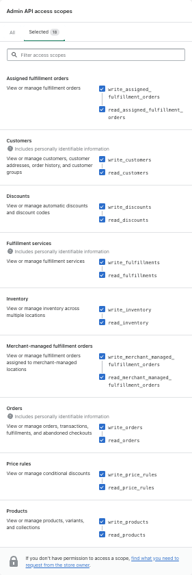 Required scopes in the Shopify Admin