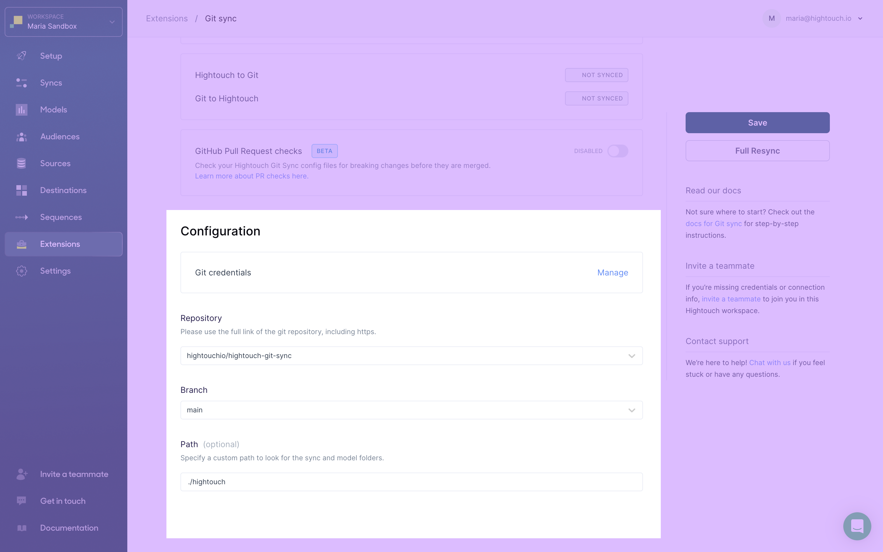 Git Sync configuration in the Hightouch UI