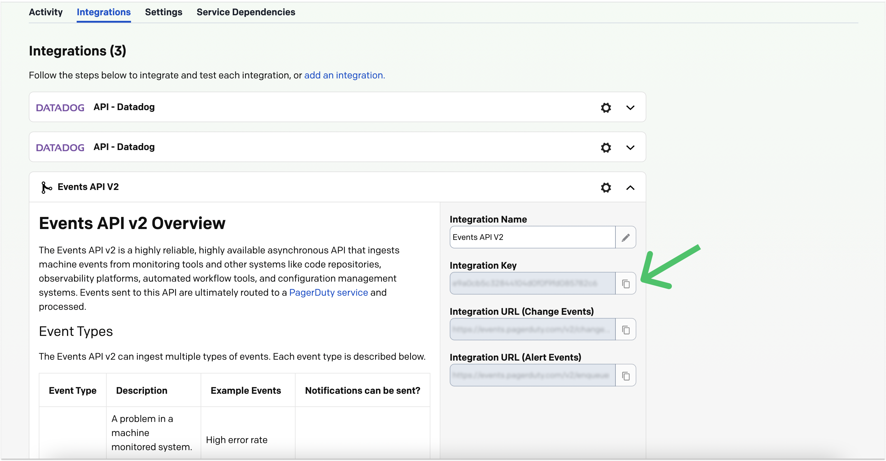 Copying the Integration Key in PagerDuty