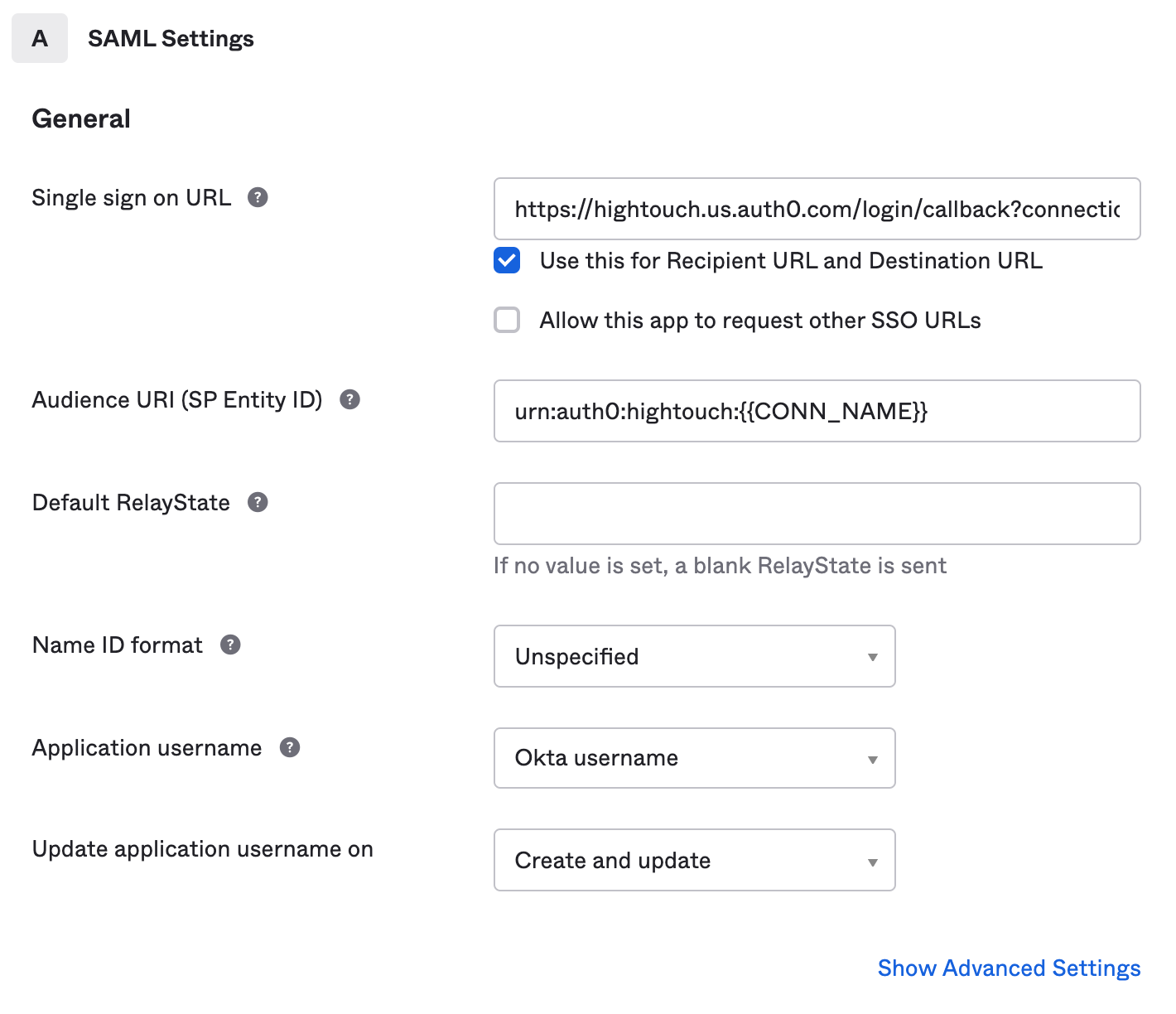 Okta SAML settings