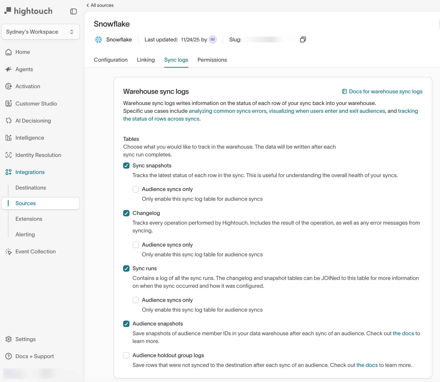 Enabling sync log tables at source level